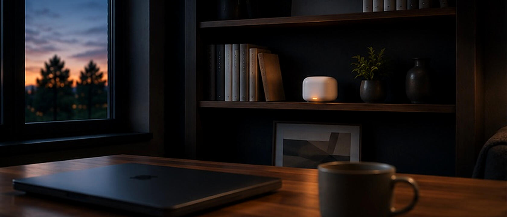 A modern home office at dusk with a small Wi-Fi mesh node glowing warm orange on a built-in bookshelf, a closed MacBook and ceramic coffee cup on a walnut desk in the foreground.