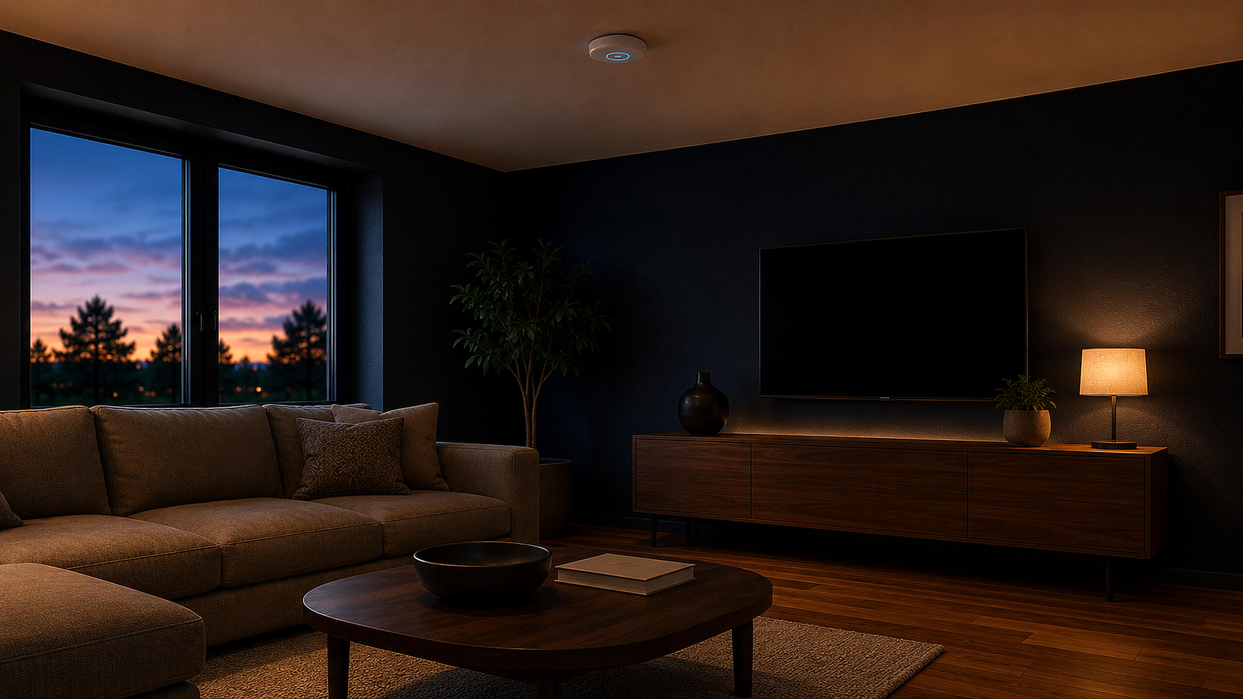 A modern living room at dusk with a small Ubiquiti ceiling-mounted access point glowing soft blue, a sectional sofa, walnut credenza with a warm table lamp, and a sunset visible through the window.