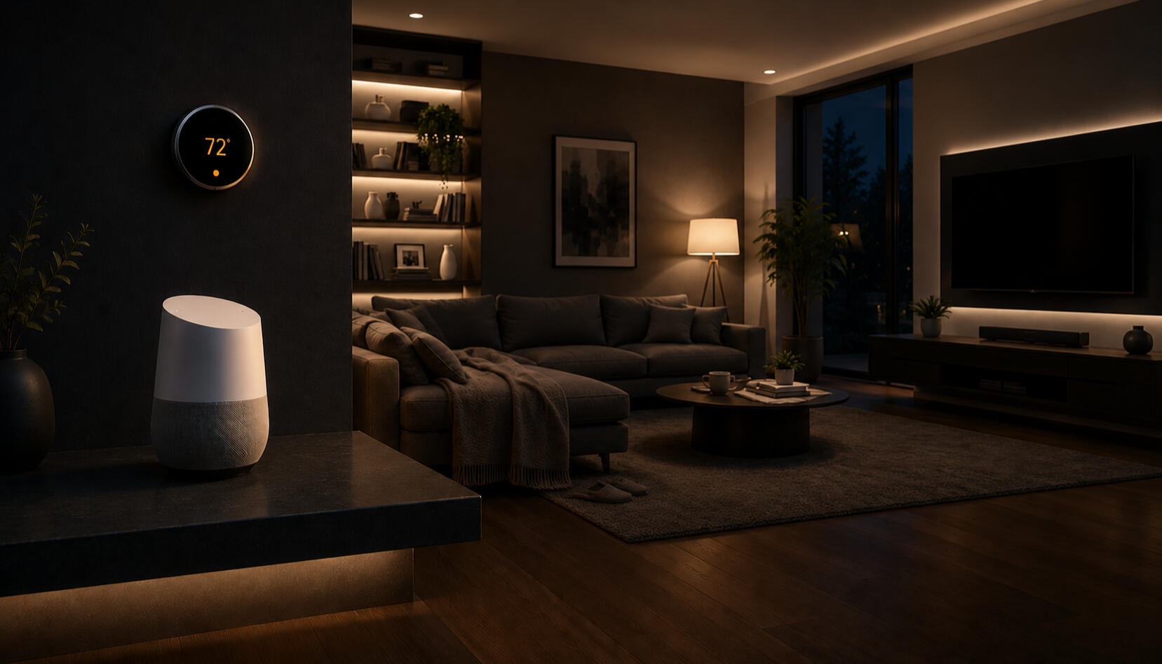 Modern living room at evening with a smart speaker on a dark counter, orange LED accent lighting, and a smart thermostat showing 72 degrees