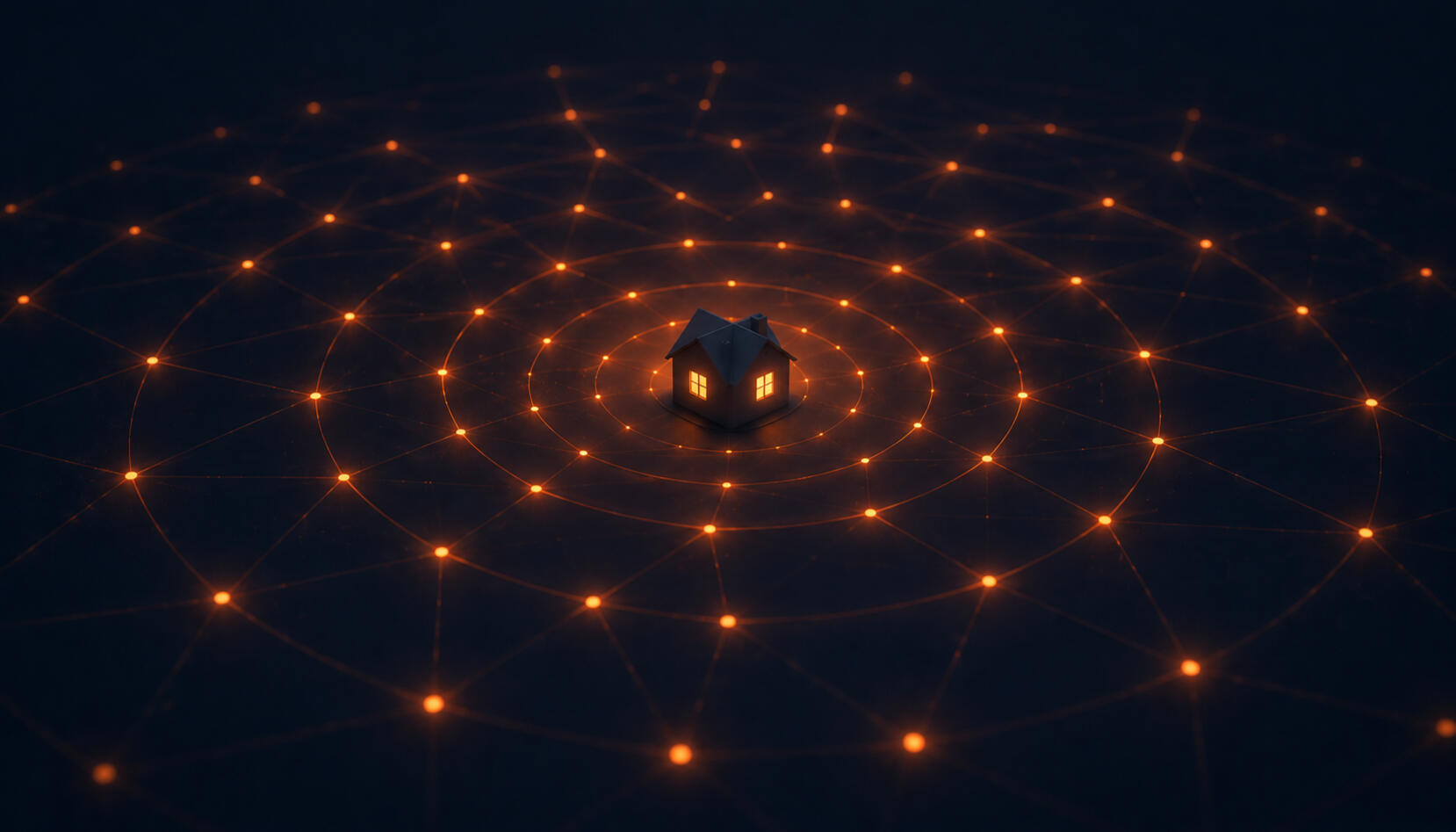 A glowing house at the center of an expanding mesh network of orange-glowing nodes, illustrating how smart home protocols connect devices into a unified system