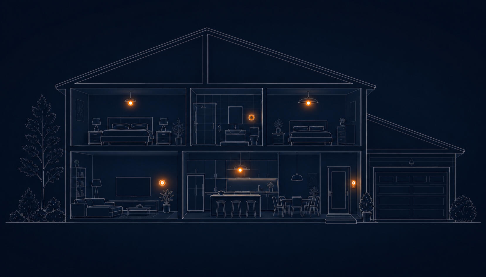 Architectural cross-section illustration of a 2-story home showing smart devices distributed throughout: doorbell, living room speaker, kitchen lighting, upstairs thermostat, and bedroom lights